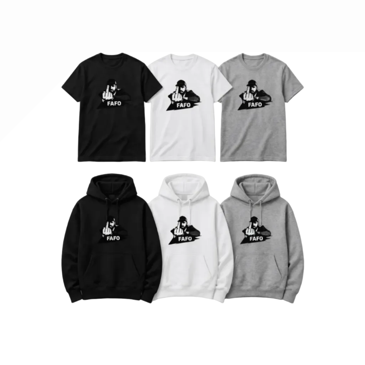 Collection of t-shirts and hoodies with a graphic design and 'FAFO' text on a white background.