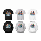 Collection of t-shirts and hoodies with a dog graphic and rainbow design on a white background.