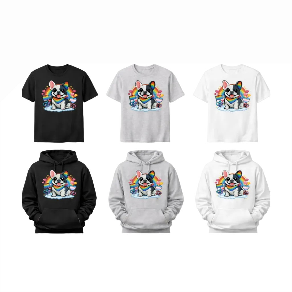 Collection of t-shirts and hoodies with a dog graphic and rainbow design on a white background.