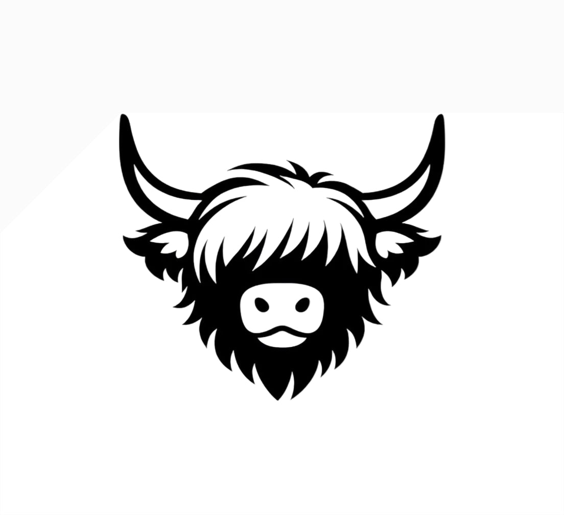 Black and white illustration of a highland cow head on a white background