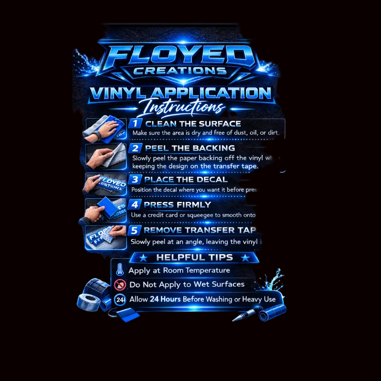 Floyed Creations vinyl application instructions poster with step-by-step guide and helpful tips.