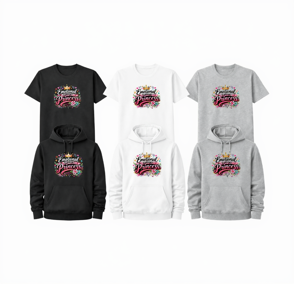 Collection of hoodies and t-shirts with 'Emotional Princess' design on a plain background