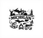 Black and white illustration of Michigan with nature elements on a white background