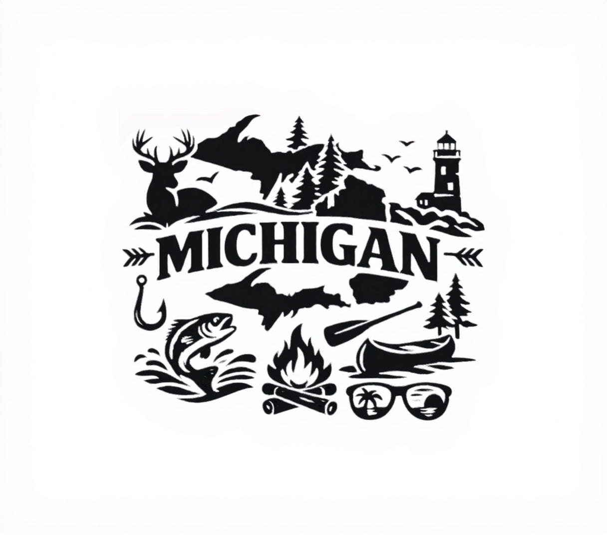 Black and white illustration of Michigan with nature elements on a white background
