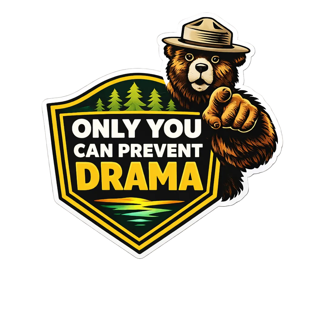 Sticker with a bear wearing a hat, pointing forward, and the text 'Only You Can Prevent Drama' on a gray background.