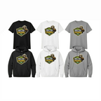 Collection of t-shirts and hoodies with a bear graphic and text on a white background