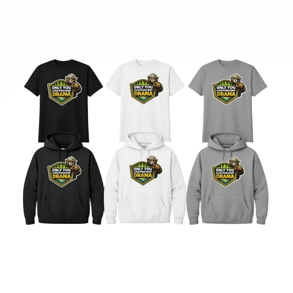 Collection of t-shirts and hoodies with a bear graphic and text on a white background