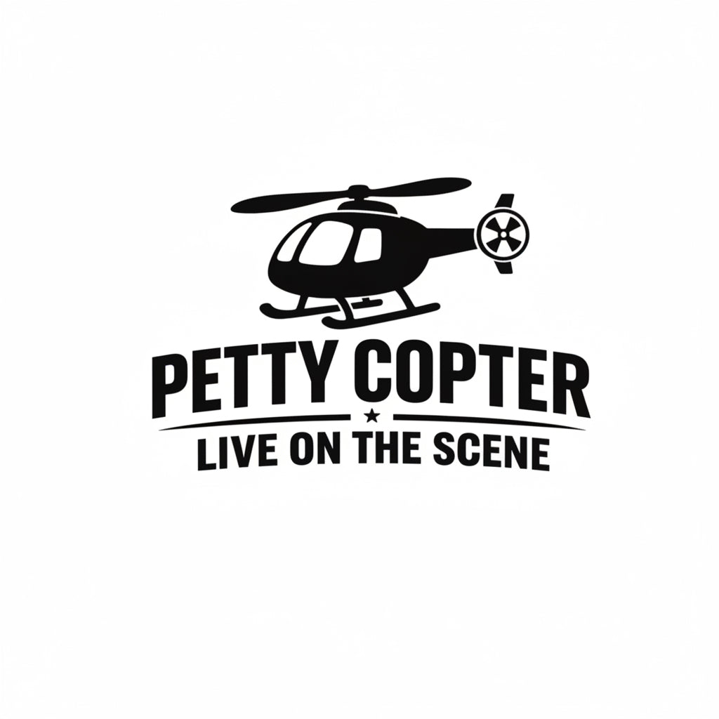 Black helicopter silhouette with 'Petty Copter' text on a white background
