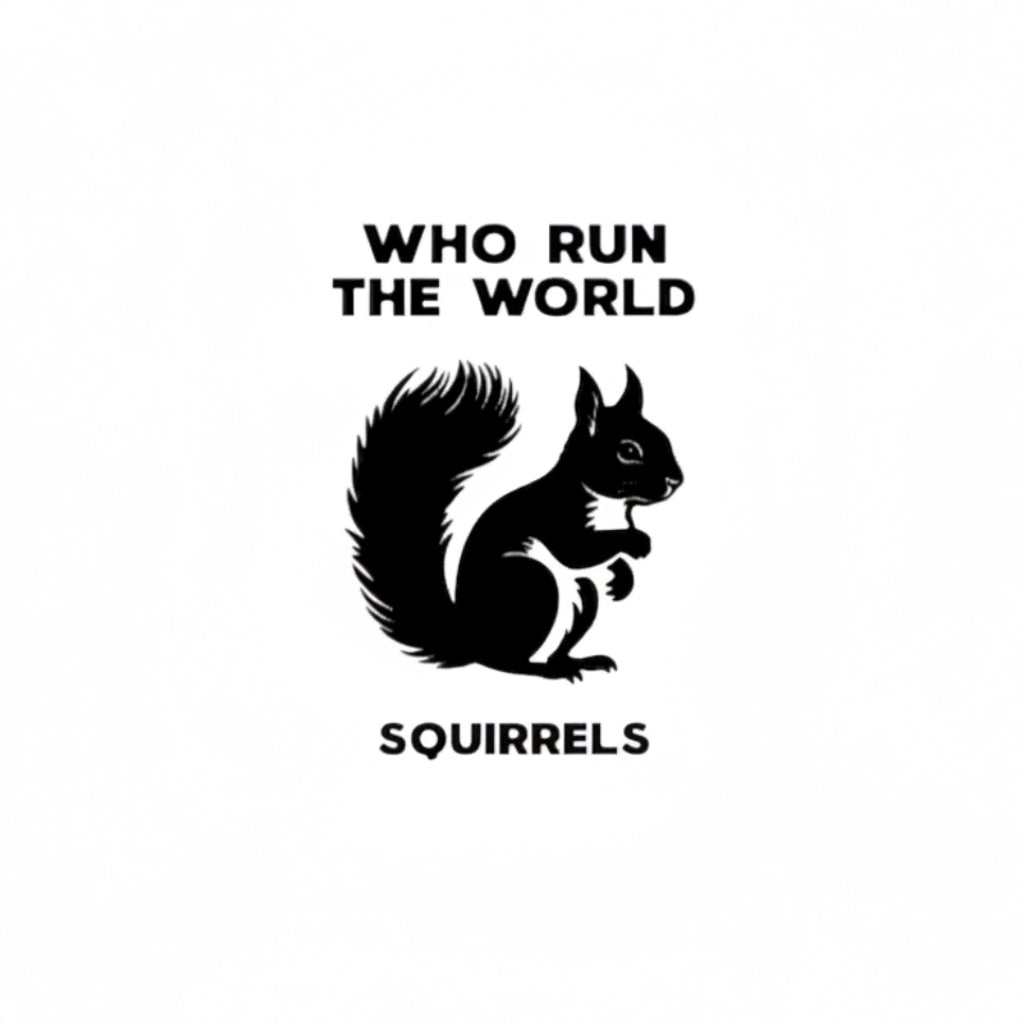 Black silhouette of a squirrel with text 'WHO RUN THE WORLD Squirrels' on a white background