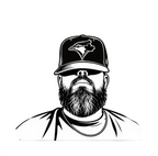 Black and white illustration of a person wearing a baseball cap with a logo on a white background