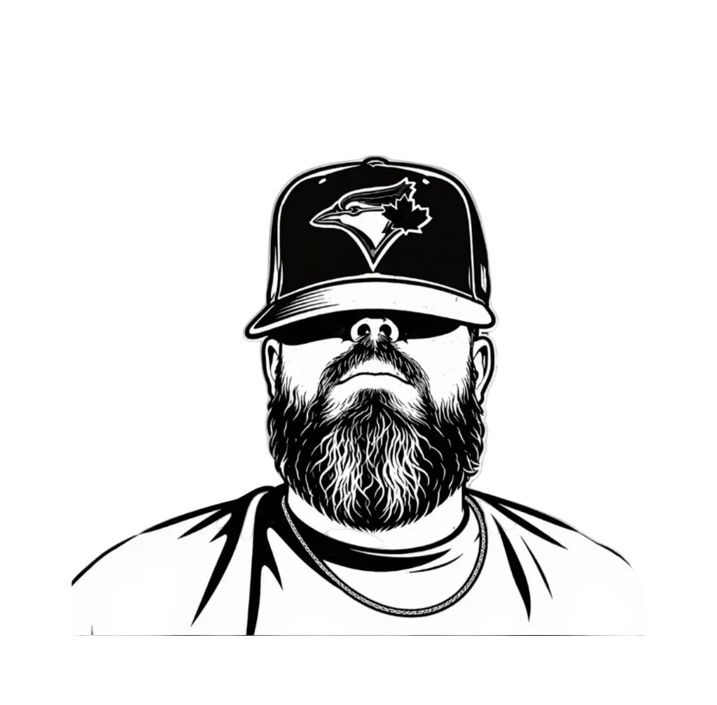 Black and white illustration of a person wearing a baseball cap with a logo on a white background